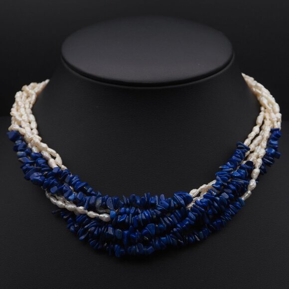 Lapis Lazuli Freshwater Pearl Necklace 7-strand Gold Design Silver SV Stampe